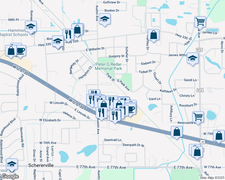 map of restaurants, bars, coffee shops, grocery stores, and more near 1927 Fairview Ln in Schererville