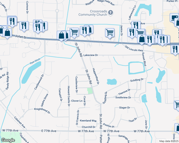 map of restaurants, bars, coffee shops, grocery stores, and more near 1929 Saint John Road in Schererville