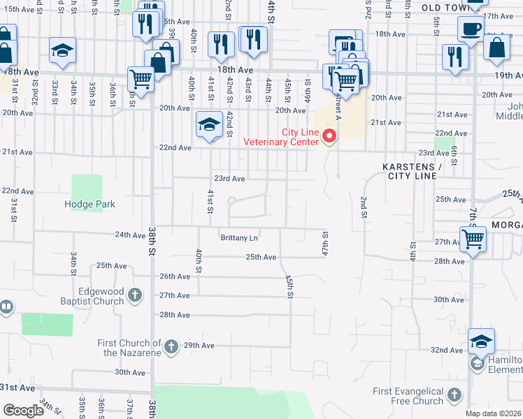 map of restaurants, bars, coffee shops, grocery stores, and more near 17 Waverly Drive in Rock Island