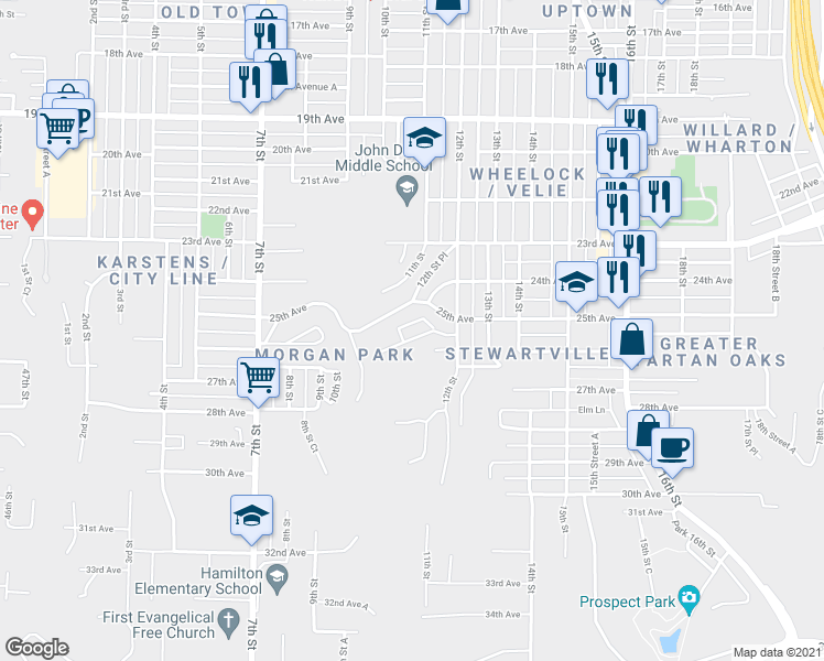 map of restaurants, bars, coffee shops, grocery stores, and more near 1035 25th Avenue Court in Moline