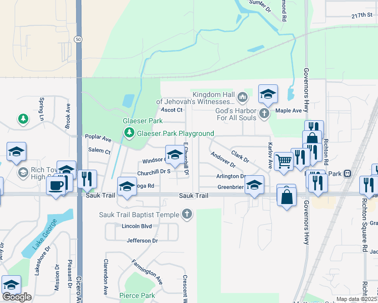 map of restaurants, bars, coffee shops, grocery stores, and more near 22129 East Churchill Drive in Richton Park