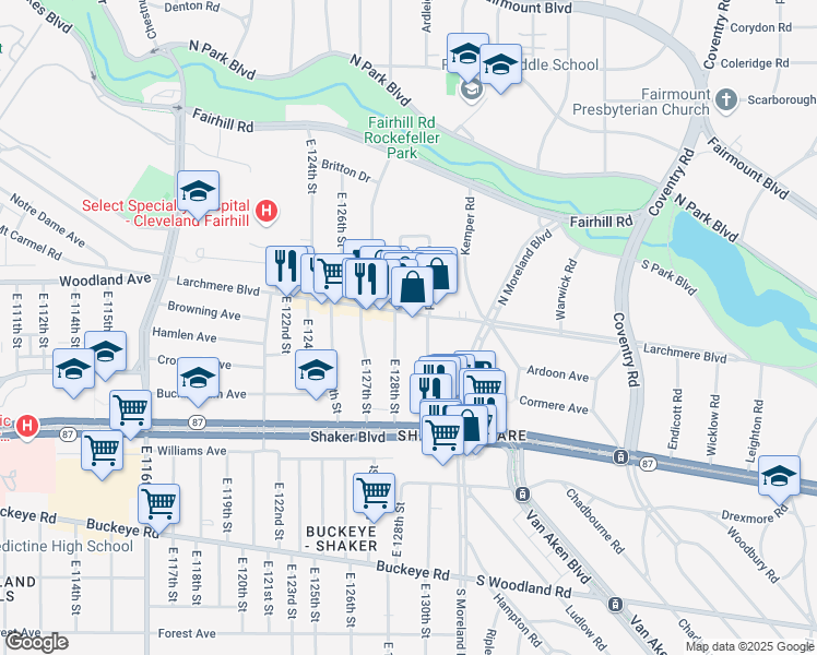 map of restaurants, bars, coffee shops, grocery stores, and more near 12906 Larchmere Boulevard in Cleveland