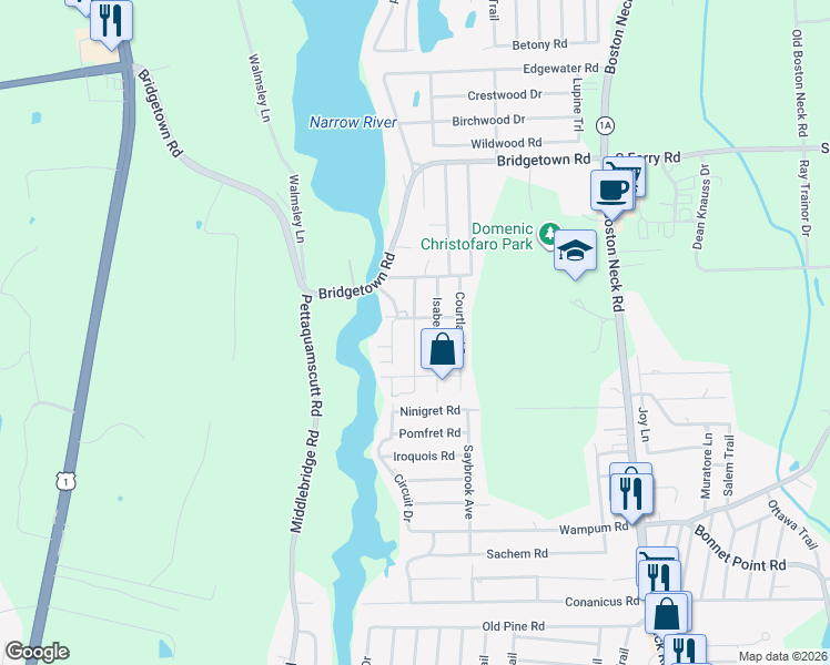map of restaurants, bars, coffee shops, grocery stores, and more near 30 Lakeview Dr in Narragansett