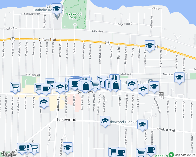 map of restaurants, bars, coffee shops, grocery stores, and more near 1344 Manor Park Avenue in Lakewood