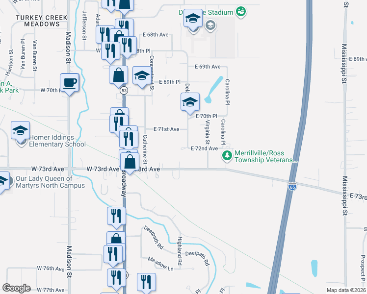 map of restaurants, bars, coffee shops, grocery stores, and more near 401 East 72nd Avenue in Merrillville