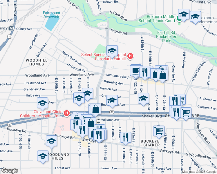 map of restaurants, bars, coffee shops, grocery stores, and more near 11713 Hamlen Ave in Cleveland
