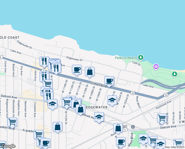map of restaurants, bars, coffee shops, grocery stores, and more near 10915 Lake Avenue in Cleveland