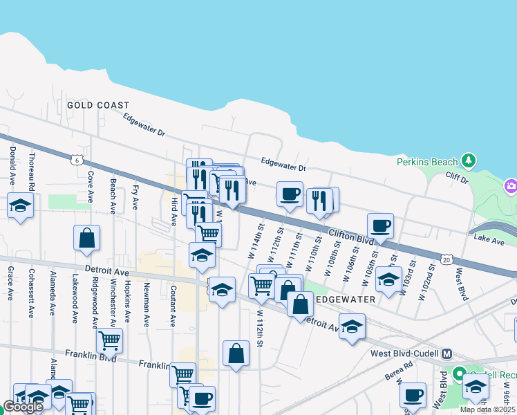 map of restaurants, bars, coffee shops, grocery stores, and more near 11410 U.S. 6 in Cleveland
