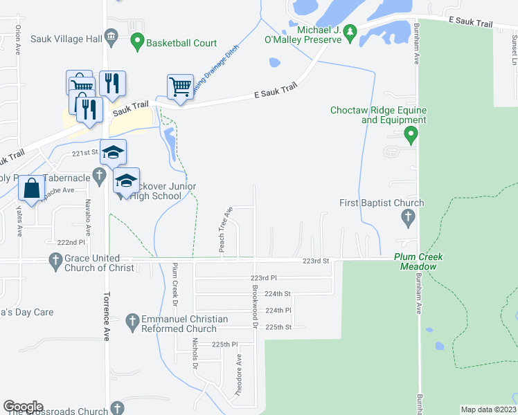 map of restaurants, bars, coffee shops, grocery stores, and more near 22145 Brookwood Drive in Sauk Village