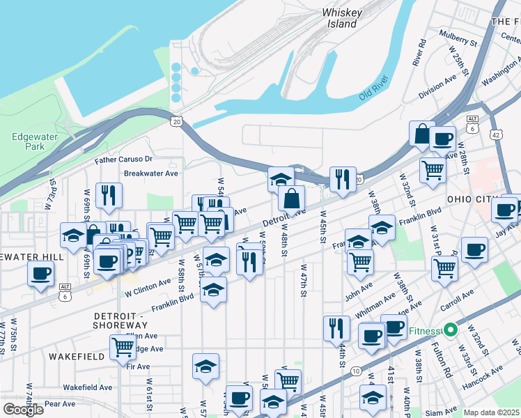 map of restaurants, bars, coffee shops, grocery stores, and more near 5001 Tillman Avenue in Cleveland