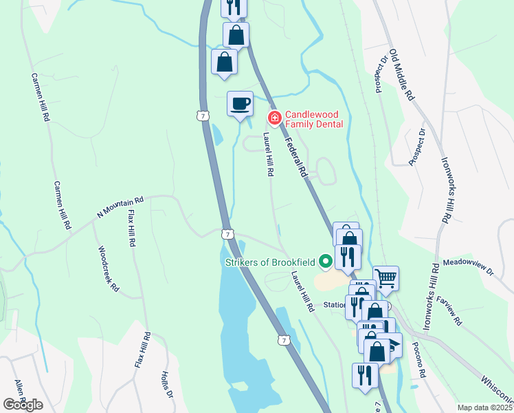 map of restaurants, bars, coffee shops, grocery stores, and more near 118 Laurel Hill Road in Brookfield