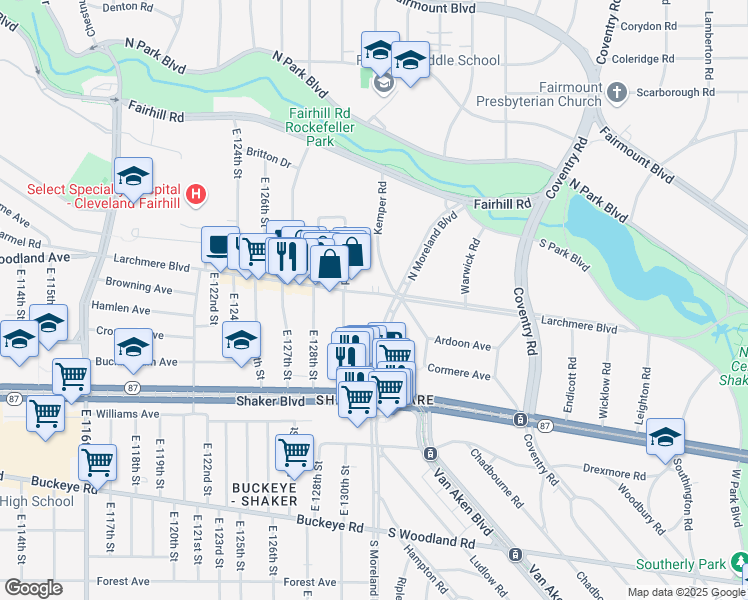 map of restaurants, bars, coffee shops, grocery stores, and more near 13100 Larchmere Boulevard in Cleveland