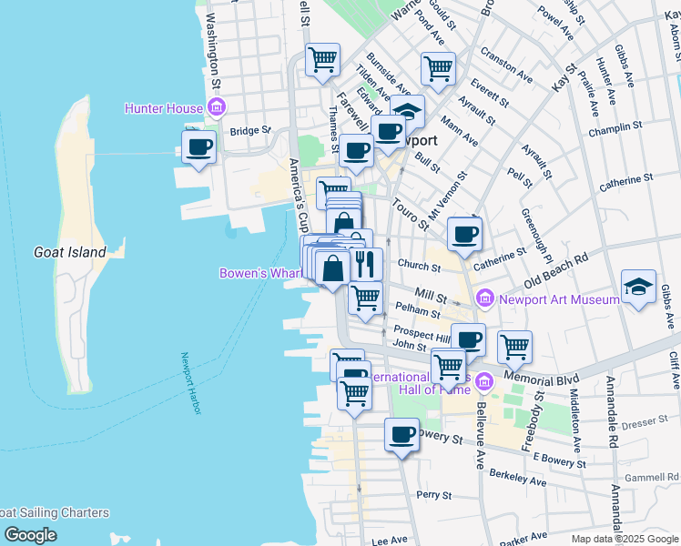 map of restaurants, bars, coffee shops, grocery stores, and more near 243 Thames Street in Newport