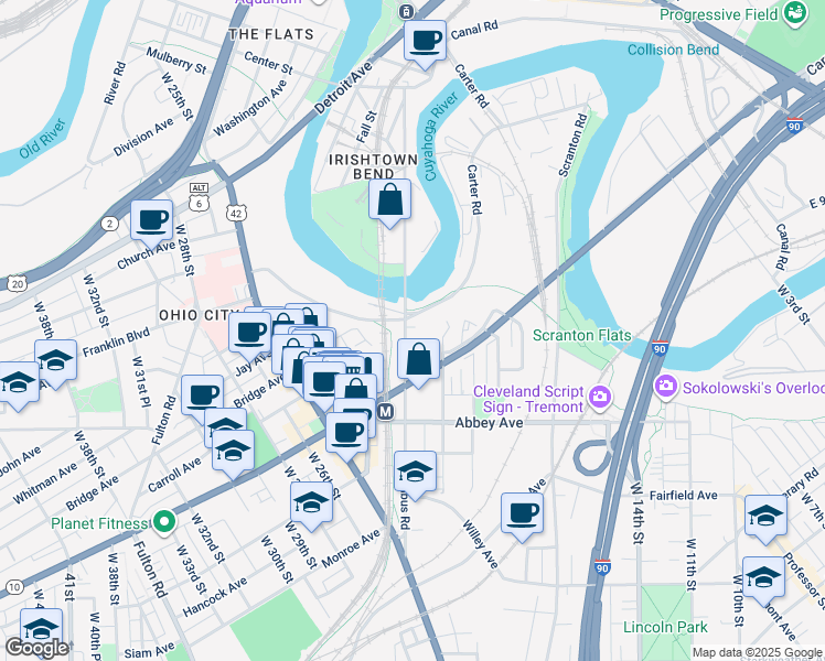 map of restaurants, bars, coffee shops, grocery stores, and more near 1937 Columbus Road in Cleveland