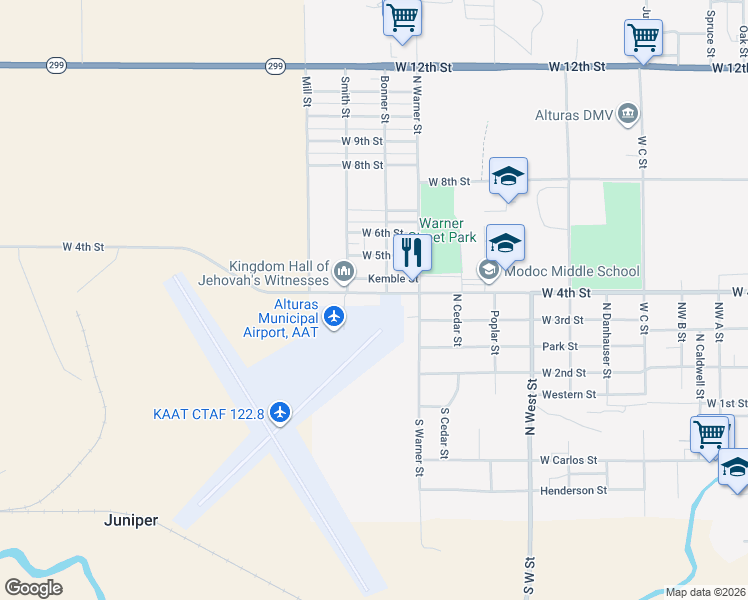 map of restaurants, bars, coffee shops, grocery stores, and more near 1305 West 4th Street in Alturas