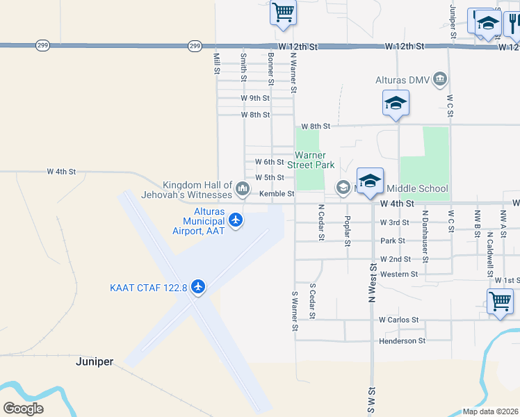 map of restaurants, bars, coffee shops, grocery stores, and more near 1305 West 4th Street in Alturas