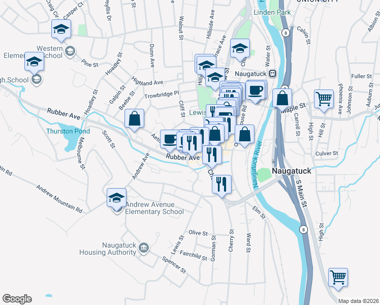 map of restaurants, bars, coffee shops, grocery stores, and more near 239 Rubber Avenue in Naugatuck