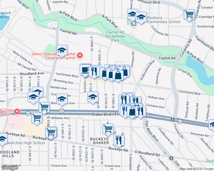 map of restaurants, bars, coffee shops, grocery stores, and more near in Cleveland