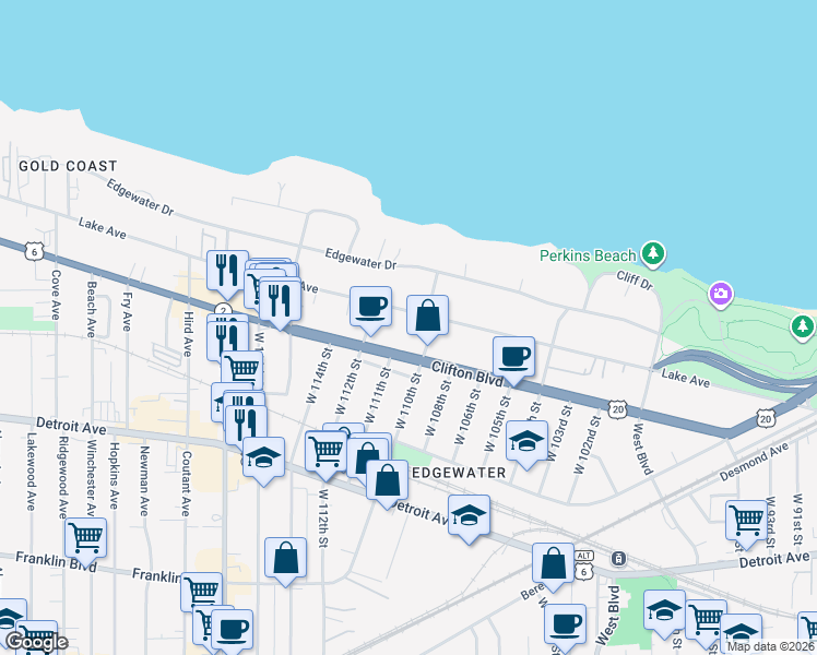 map of restaurants, bars, coffee shops, grocery stores, and more near 11034 Clifton Boulevard in Cleveland