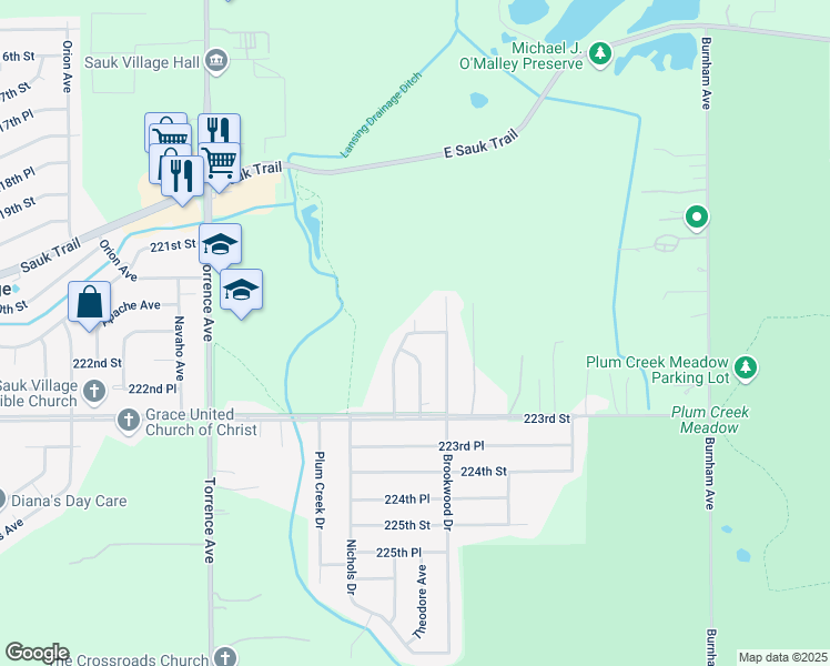 map of restaurants, bars, coffee shops, grocery stores, and more near 9706 Peach Tree Avenue in Sauk Village