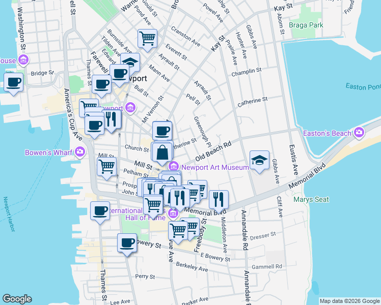 map of restaurants, bars, coffee shops, grocery stores, and more near 8 Cottage Street in Newport