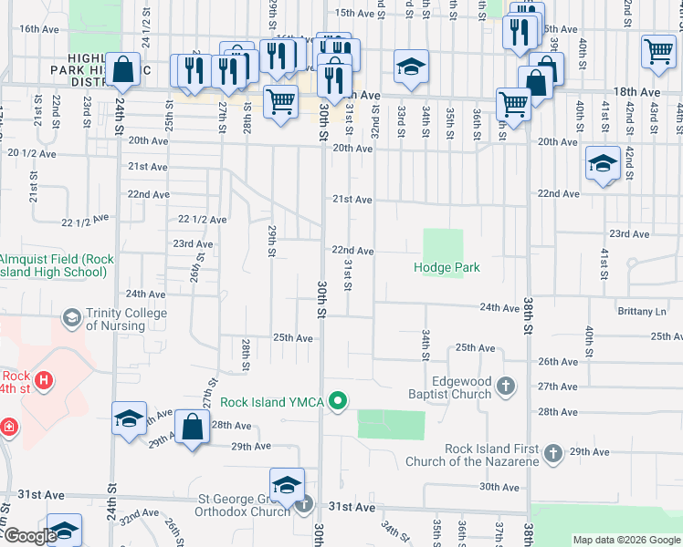 map of restaurants, bars, coffee shops, grocery stores, and more near 2222 31st St in Rock Island