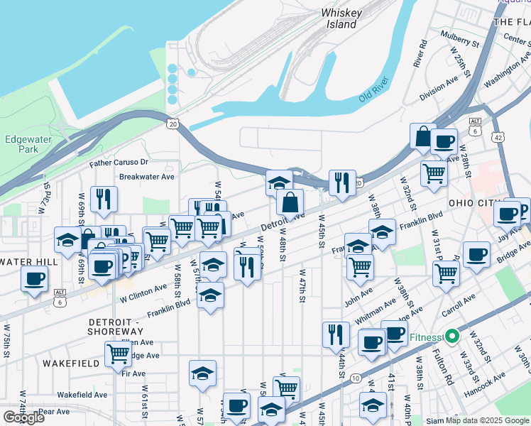 map of restaurants, bars, coffee shops, grocery stores, and more near 5001 Tillman Avenue in Cleveland