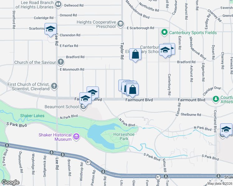 map of restaurants, bars, coffee shops, grocery stores, and more near 2660 South Taylor Road in Cleveland Heights