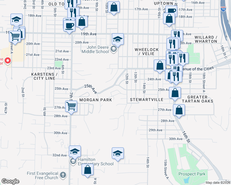 map of restaurants, bars, coffee shops, grocery stores, and more near 1035 25th Ave Ct in Moline