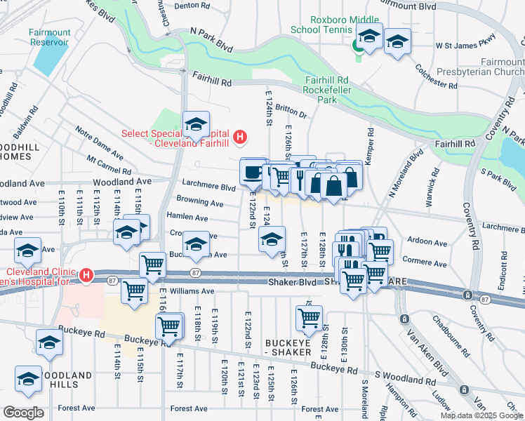 map of restaurants, bars, coffee shops, grocery stores, and more near 2624 East 124th Street in Cleveland