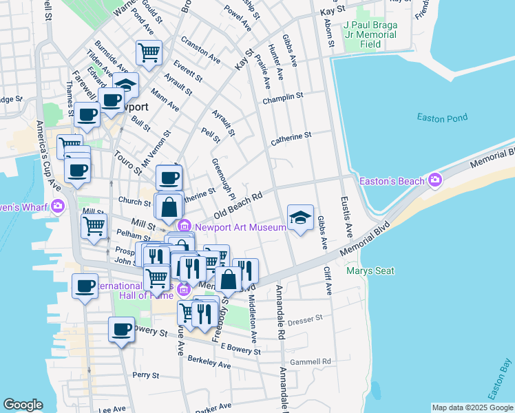 map of restaurants, bars, coffee shops, grocery stores, and more near 4 Red Cross Avenue in Newport