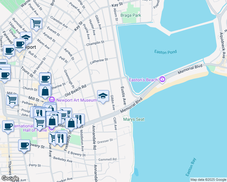 map of restaurants, bars, coffee shops, grocery stores, and more near 410 Gibbs Avenue in Newport