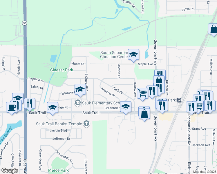 map of restaurants, bars, coffee shops, grocery stores, and more near 4241 Clark Drive in Richton Park