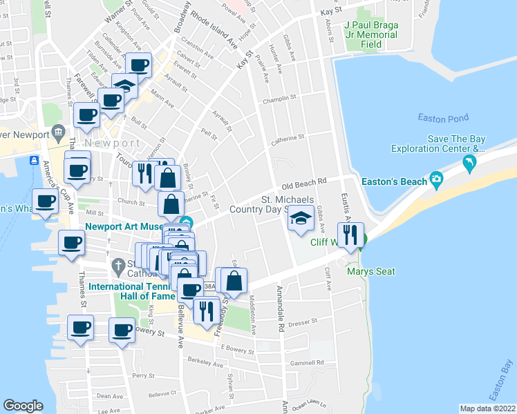 map of restaurants, bars, coffee shops, grocery stores, and more near 6 Red Cross Avenue in Newport