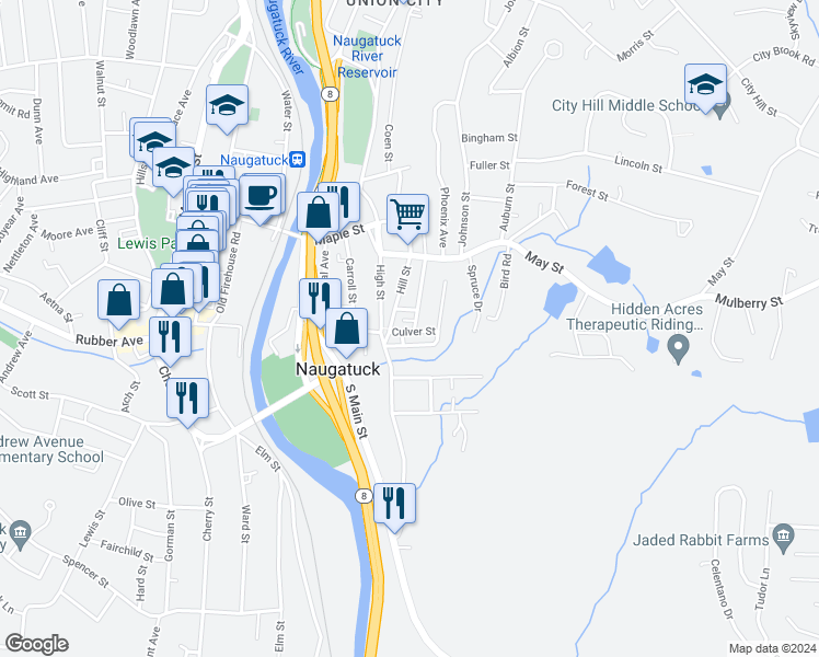 map of restaurants, bars, coffee shops, grocery stores, and more near 6 Culver Street in Naugatuck