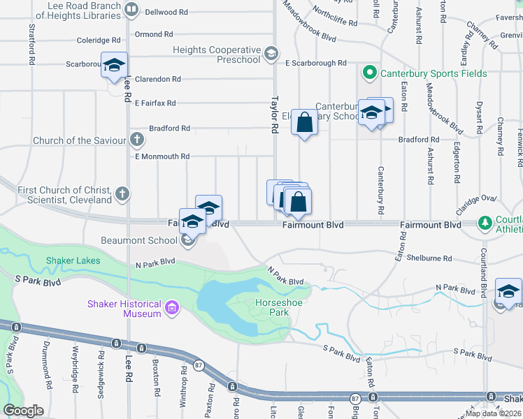 map of restaurants, bars, coffee shops, grocery stores, and more near 2660 South Taylor Road in Cleveland Heights