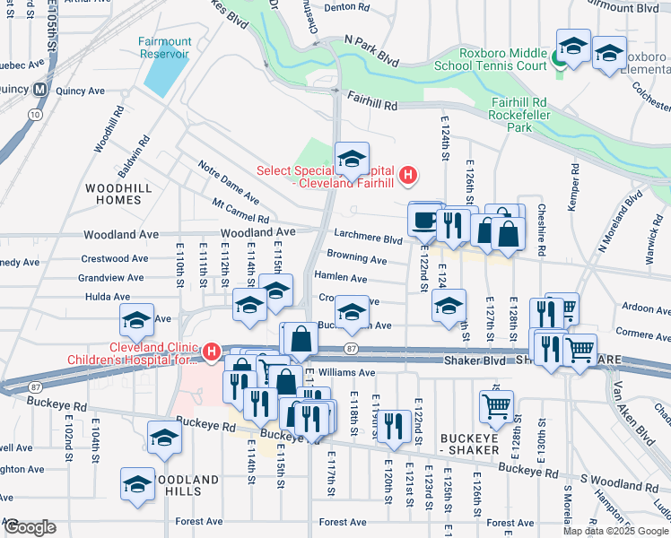 map of restaurants, bars, coffee shops, grocery stores, and more near 11713 Hamlen Avenue in Cleveland