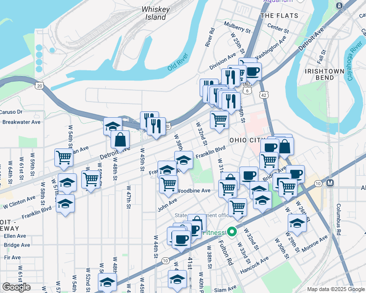 map of restaurants, bars, coffee shops, grocery stores, and more near in Cleveland