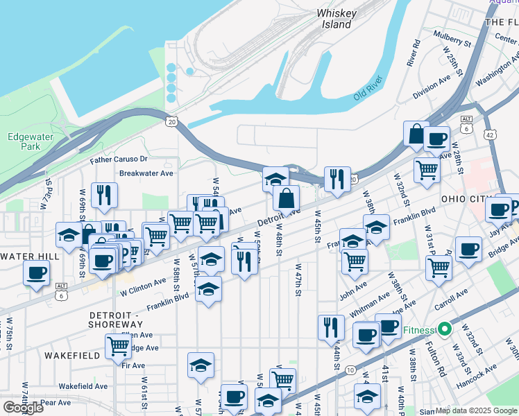 map of restaurants, bars, coffee shops, grocery stores, and more near 5001 Tillman Avenue in Cleveland