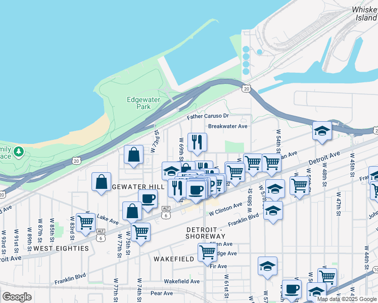 map of restaurants, bars, coffee shops, grocery stores, and more near 1271 West 69th Street in Cleveland