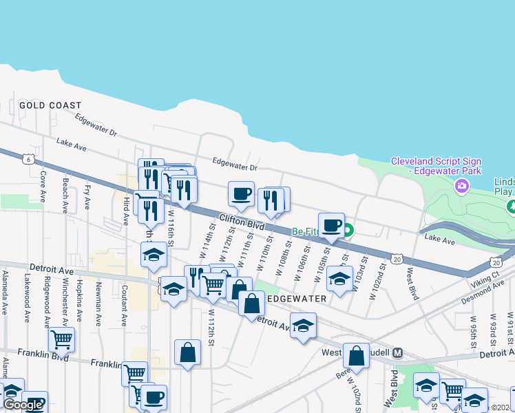 map of restaurants, bars, coffee shops, grocery stores, and more near 11034 Clifton Boulevard in Cleveland