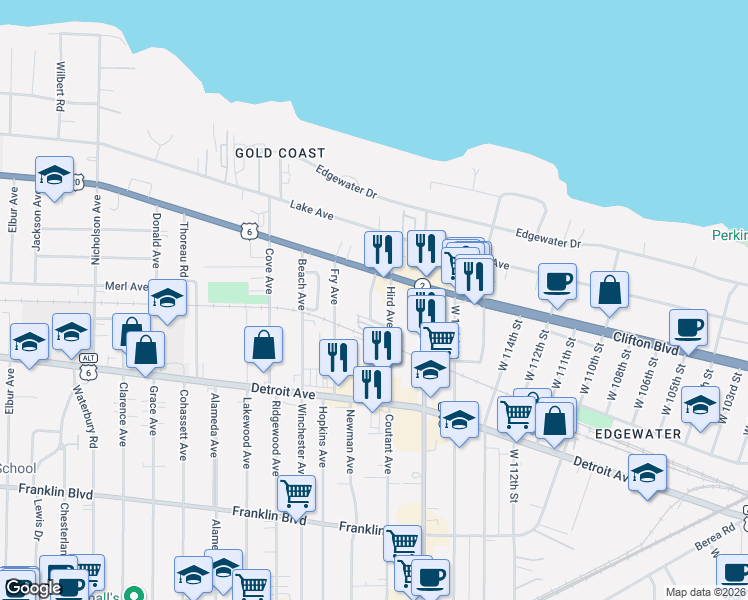 map of restaurants, bars, coffee shops, grocery stores, and more near 1291 Idlewood Avenue in Lakewood
