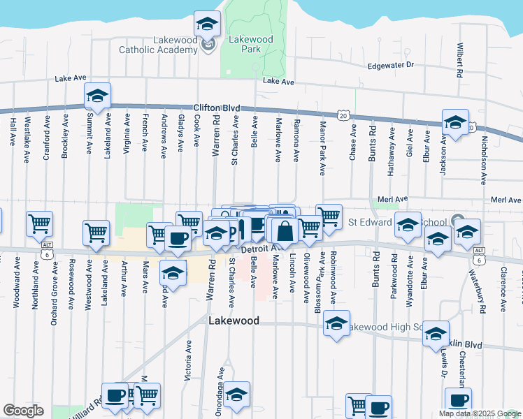 map of restaurants, bars, coffee shops, grocery stores, and more near 1335 Belle Avenue in Lakewood