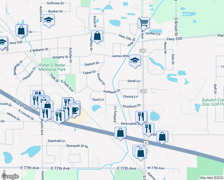 map of restaurants, bars, coffee shops, grocery stores, and more near 560 Kathleen Dr in Schererville