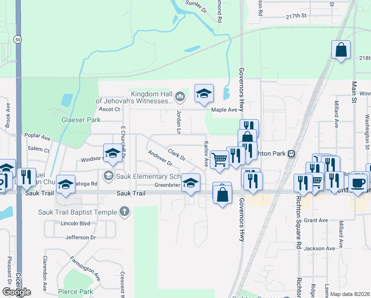 map of restaurants, bars, coffee shops, grocery stores, and more near 4214 Clark Drive in Richton Park