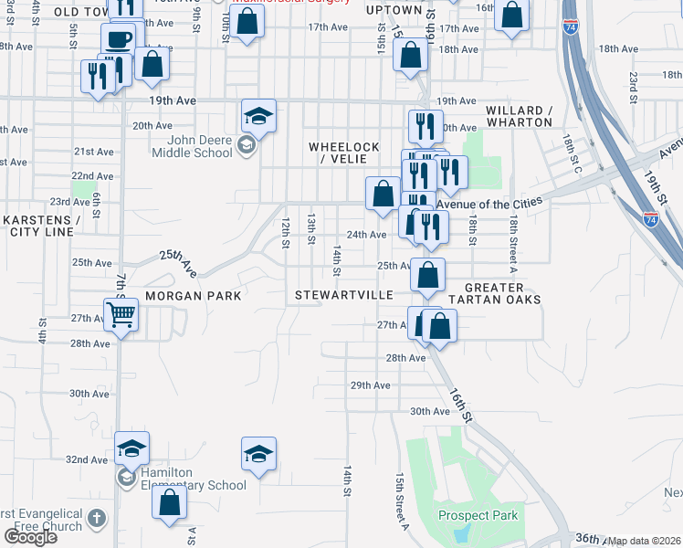 map of restaurants, bars, coffee shops, grocery stores, and more near 1420 25th Avenue in Moline