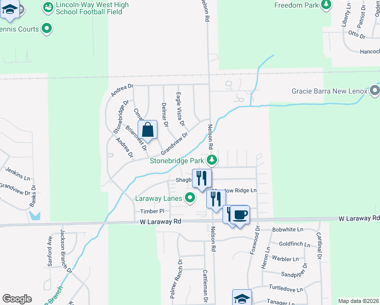 map of restaurants, bars, coffee shops, grocery stores, and more near 1687 Nelson Road in New Lenox