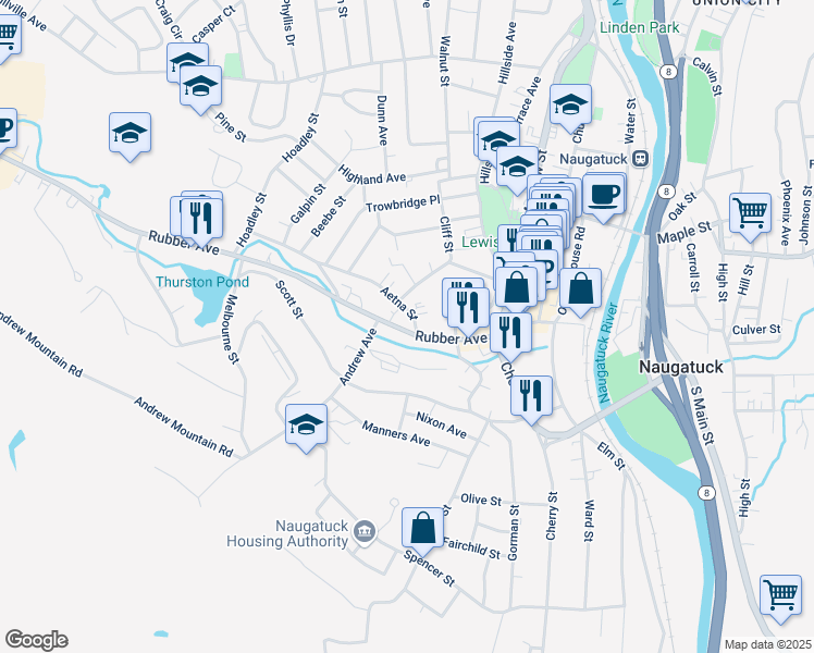 map of restaurants, bars, coffee shops, grocery stores, and more near 197 Rubber Avenue in Naugatuck