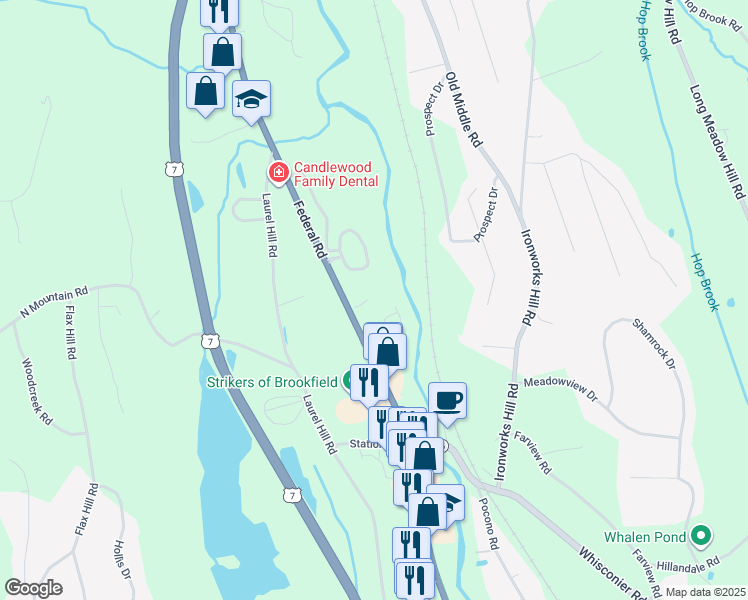 map of restaurants, bars, coffee shops, grocery stores, and more near 887 Federal Road in Brookfield