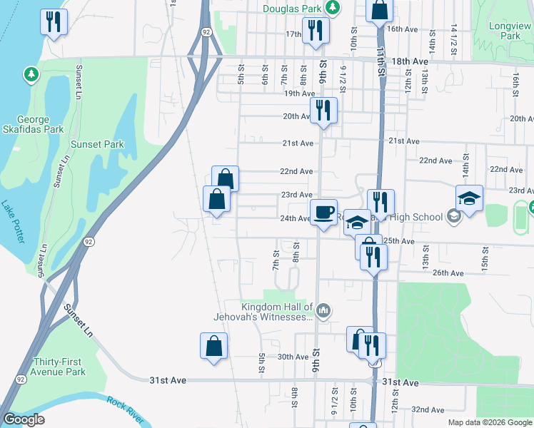map of restaurants, bars, coffee shops, grocery stores, and more near 549 24th Avenue in Rock Island